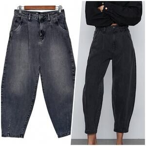 Zara | Women | High Waist Washed Black Baggy Barrel Leg Pleated Jeans | Size 6